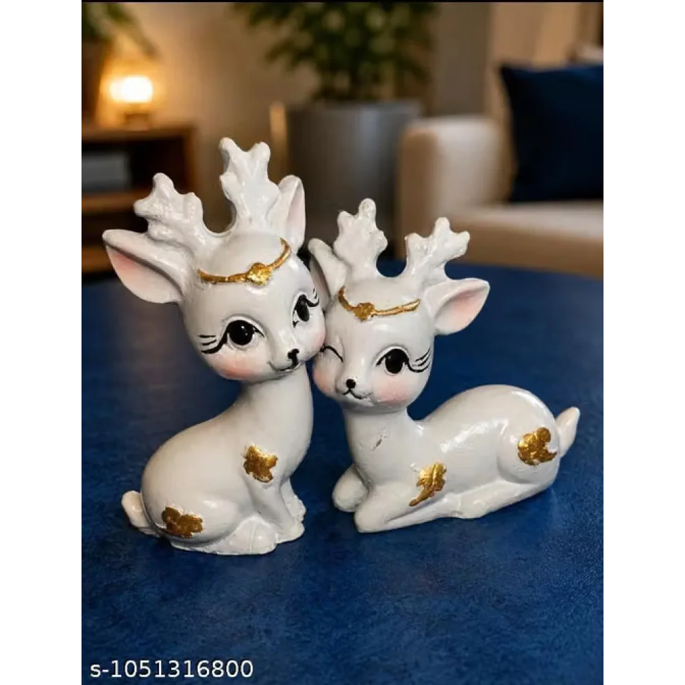 Nature-Inspired Ceramic Reindeer Statues – Artistic White and Gold Deer Couple Figurine for Meaningful Home Decor and Thoughtful Housewarming or Anniversary Gifting Set of 2