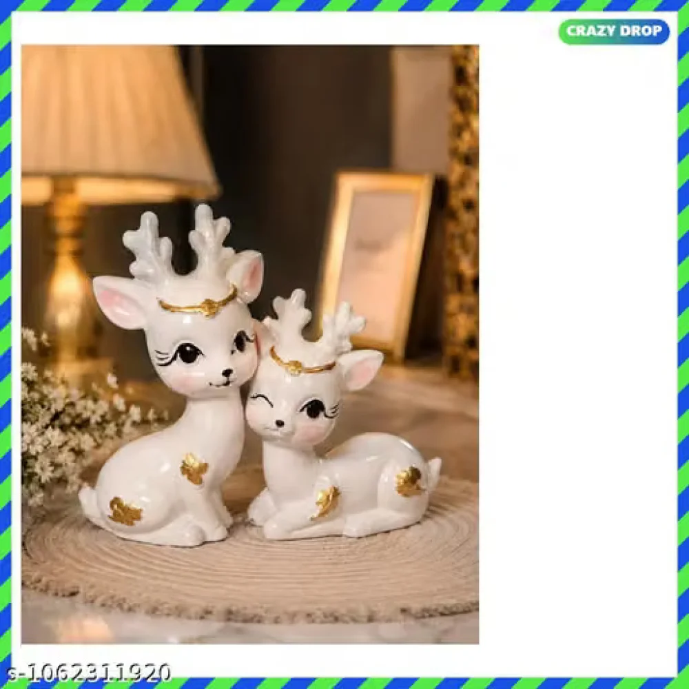 Cute Deer Couple Statue White Polyresin Showpiece Set of 2 Home Decoration Animal Figurine Idol for Living Room Bedroom Office Study Table TV Unit Bookshelf Table Top Decorative Gift Item Aesthetic
