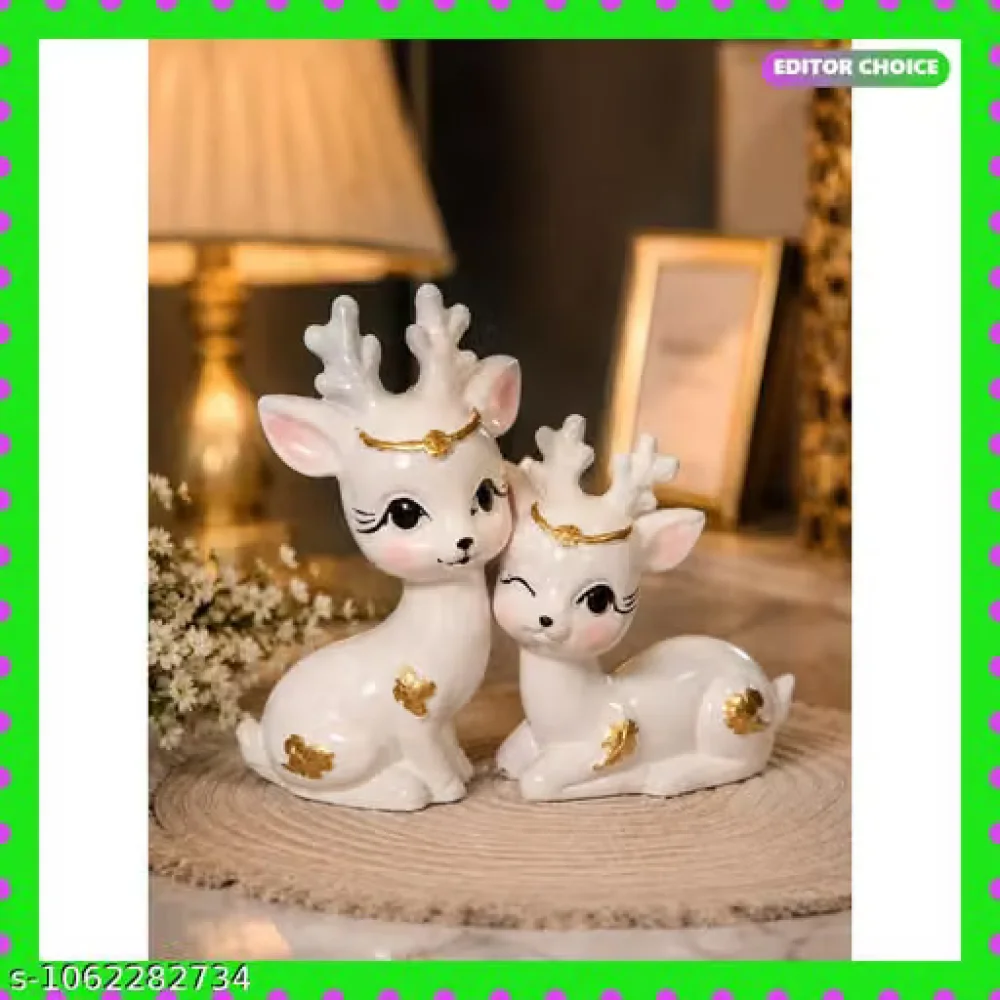 White Deer Showpiece Set of 2 Polyresin Animal Figurine Statue Home Decor Gift Item for Living Room Bedroom Office Coffee Table Console Table TV Unit Bookshelf Decoration Aesthetic Miniature Vastuu.