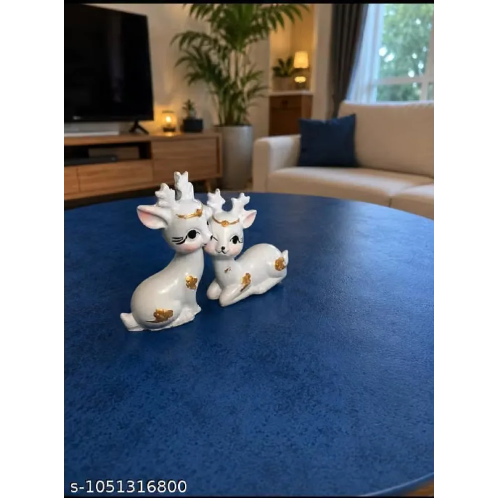 Aesthetic White Deer Showpiece Polyresin Statue Set of 2 Table Top Figurine Home Decor Vastu Gift Item