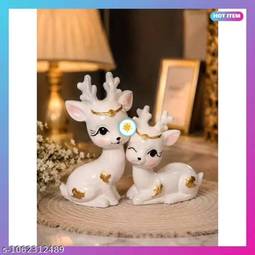 Aesthetic White Deer Showpiece Polyresin Statue Set of 2 Table Top Figurine Home Decor Vastu Gift Item