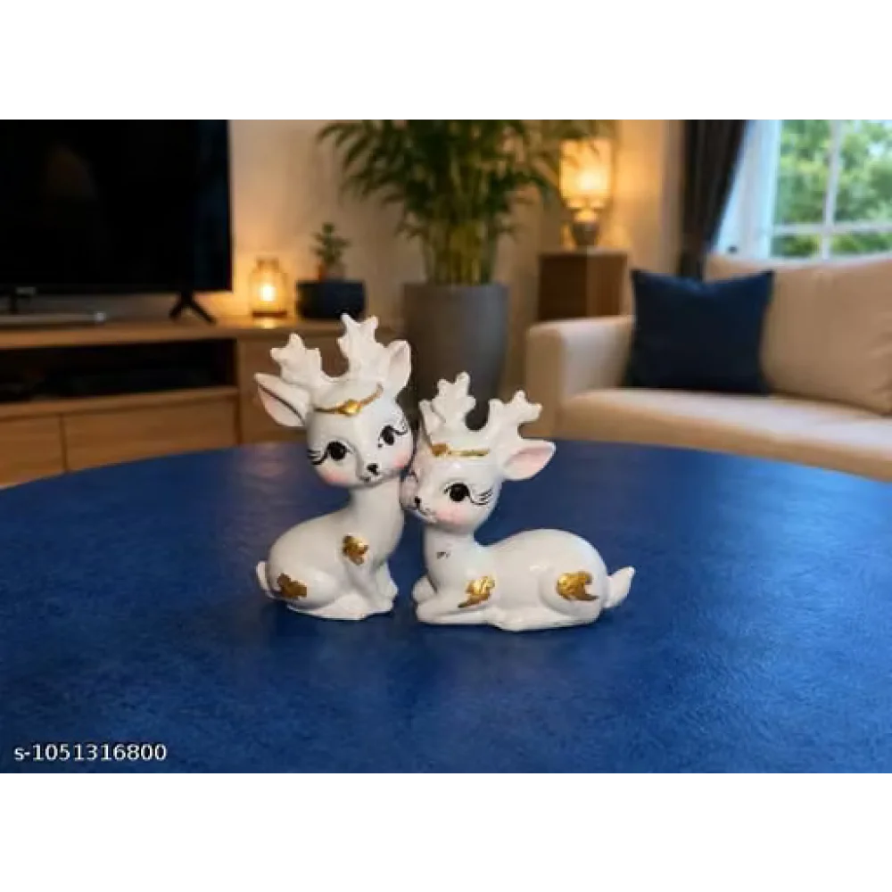 Aesthetic White Deer Showpiece Polyresin Statue Set of 2 Table Top Figurine Home Decor Vastu Gift Item
