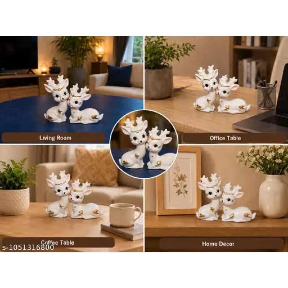 Aesthetic White Deer Showpiece Polyresin Statue Set of 2 Table Top Figurine Home Decor Vastu Gift Item