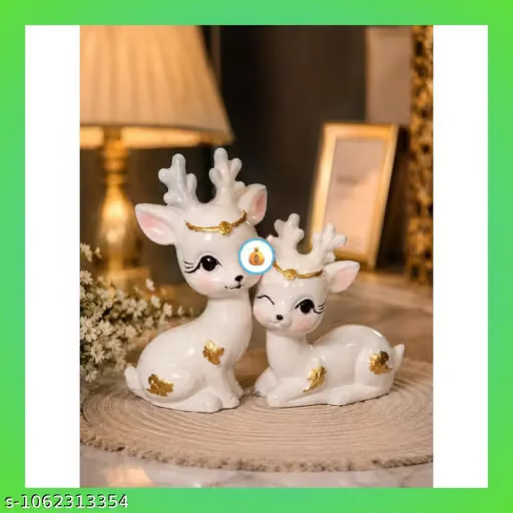 Deer Figurine Showpiece White Set of 2 Polyresin Home Decor Statue Vastu Feng Shui Item for Living Room Bedroom Kids Room Nursery Study Table Decor Gift Present Aesthetic Miniature