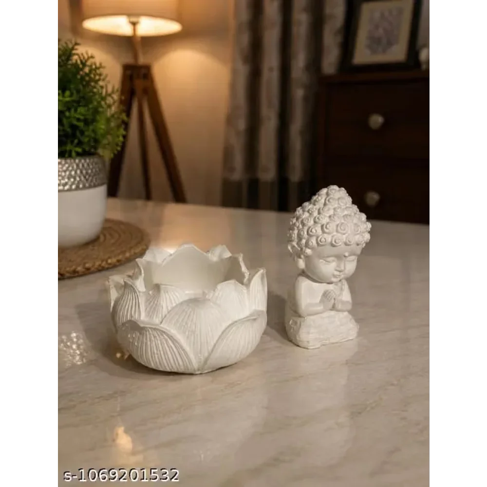 White Baby Buddha Lotus Statue Polyresin Home Decor Showpiece for Living Room Office Desk Bookshelf Coffee Table Decoration Item