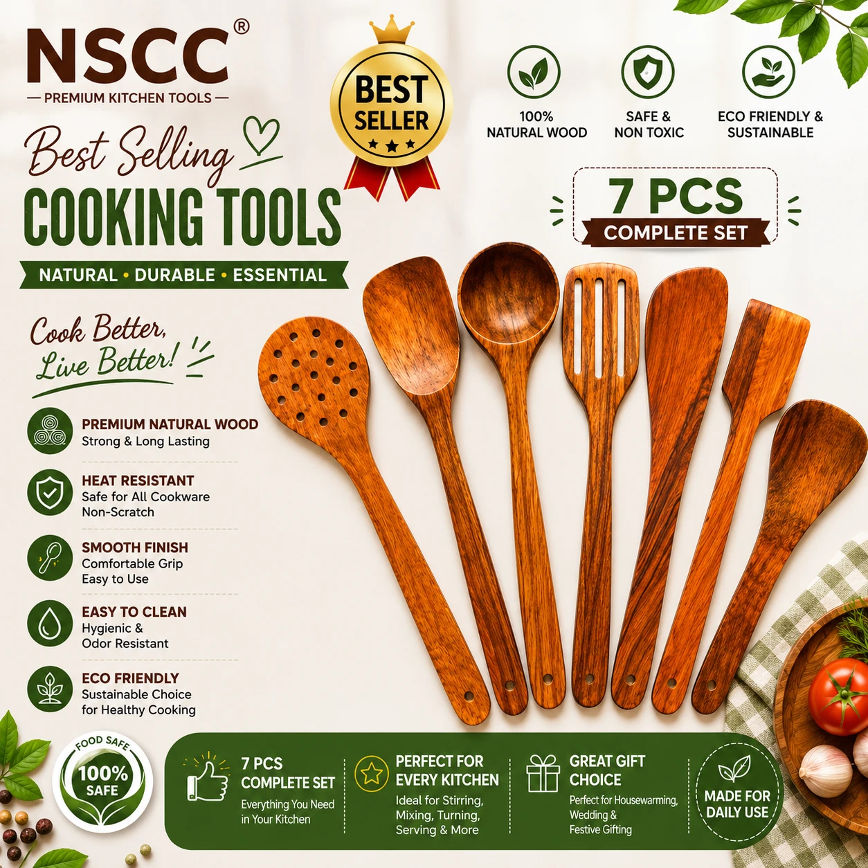 Set of 7 | Handmade Cooking Spoon Set | Wooden for Nonstick Cookware Kitchen Utensils | Kitchen Utensils, Frying Spoon Ladles & Turning Spatula