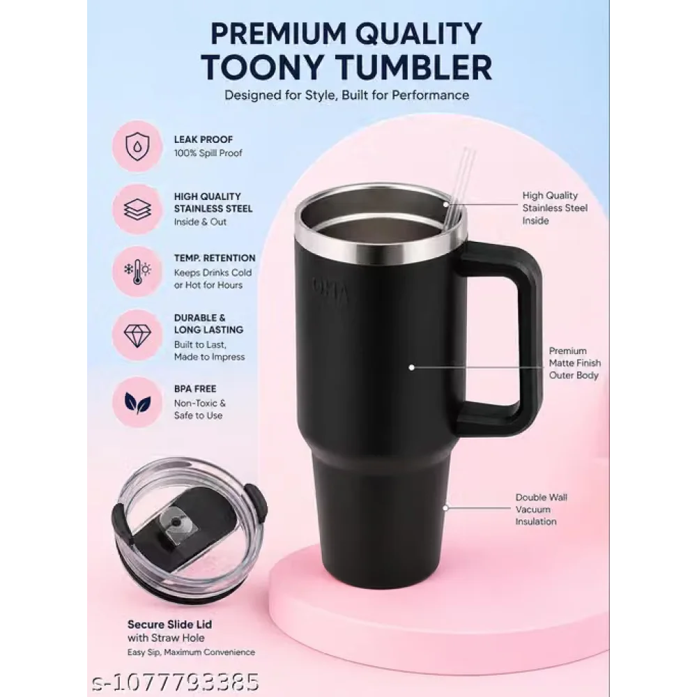 Tumbler with Handle 1800ml Steel Tumbler Matte Black Insulated Water Bottle for Gym Office Travel Home Hot and Cold Tumbler with Straw and Lid