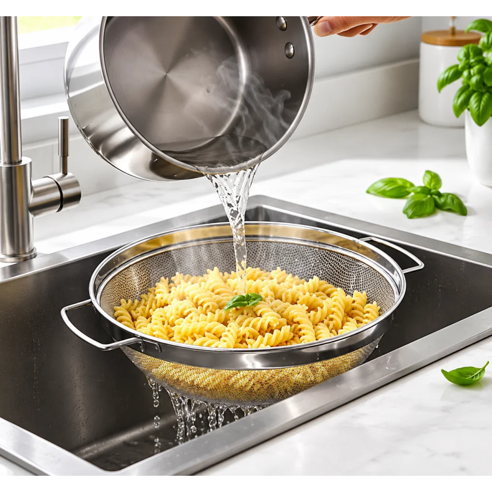 Mesh Colander with Ergonomic Side Grips PREMIUM Stainless Steel Body | Chef-Grade Fine Mesh Sifter and Colander | Sleek Steel Kitchen Strainer