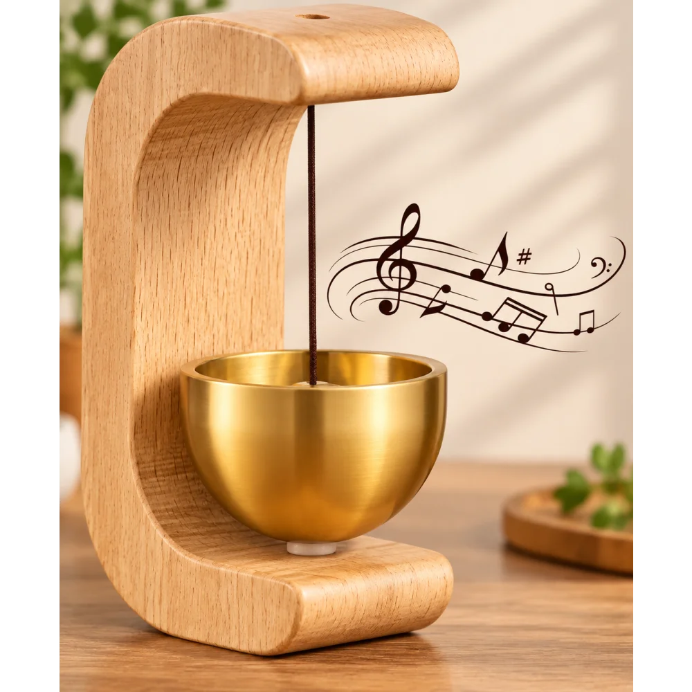 Brass Wooden Premium Bell Chime, Decorative Door Bell with Stand, Handmade Musical Centrepiece