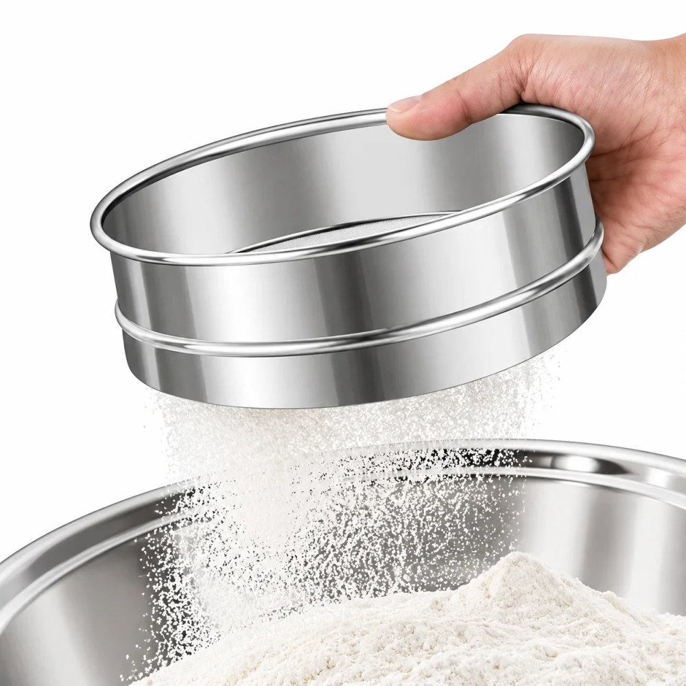 Flour Sifter Premium Stainless Steel Multi-Purpose with 4-in-1 Interchangeable Mesh Sieves