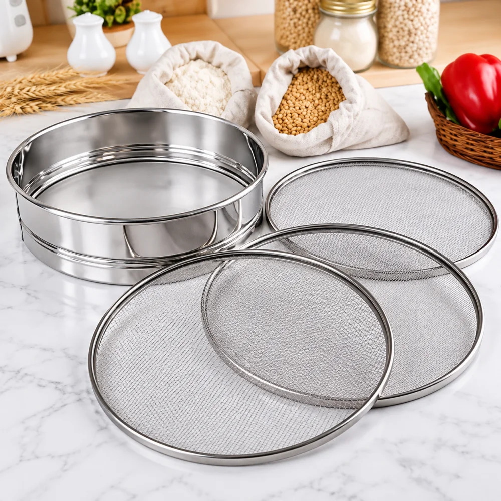 Flour Sifter Premium Stainless Steel Multi-Purpose with 4-in-1 Interchangeable Mesh Sieves