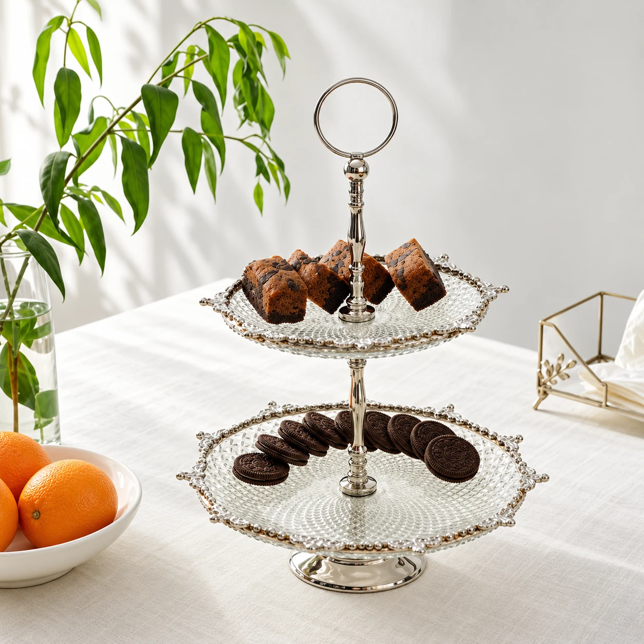 Crystal Spike Double Cake stand in silver
