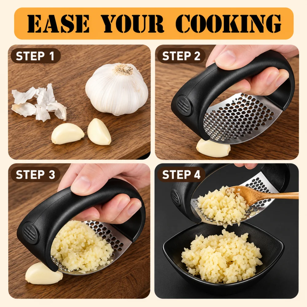 High Quality Stainless Steel Garlic Press, Garlic Crusher for Kitchen, Manual Garlic Masher with Ergonomic Handle, Handy Garlic Crushing Tool, Garlic Squeezer, Kitchen Garlic Press Tool, Multipurpose Garlic Chopper Crusher for Ginger, Garlic and Spices
