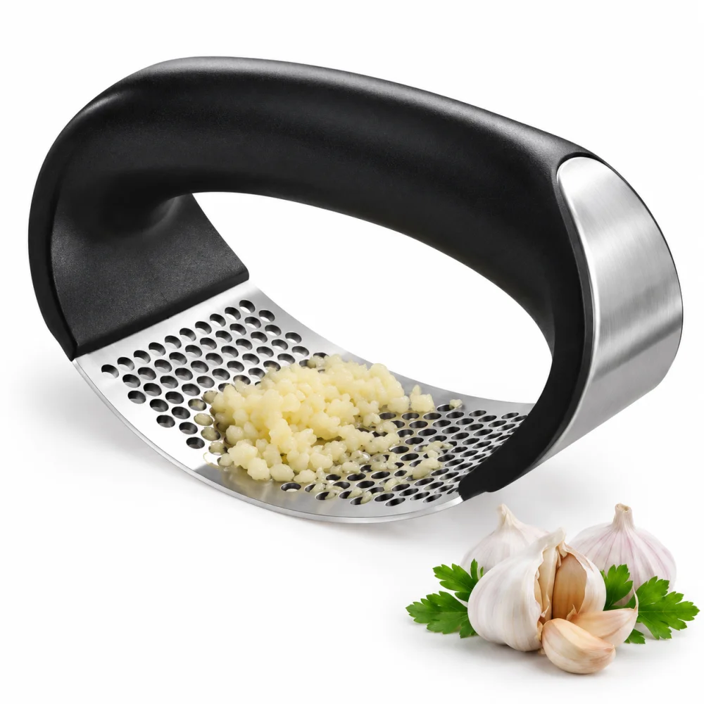 Trendy Stainless Steel Garlic Press, Garlic Crusher for Kitchen, Manual Garlic Masher with Ergonomic Handle, Handy Garlic Crushing Tool, Garlic Squeezer, Kitchen Garlic Press Tool, Multipurpose Garlic Chopper Crusher for Ginger, Garlic and Spices