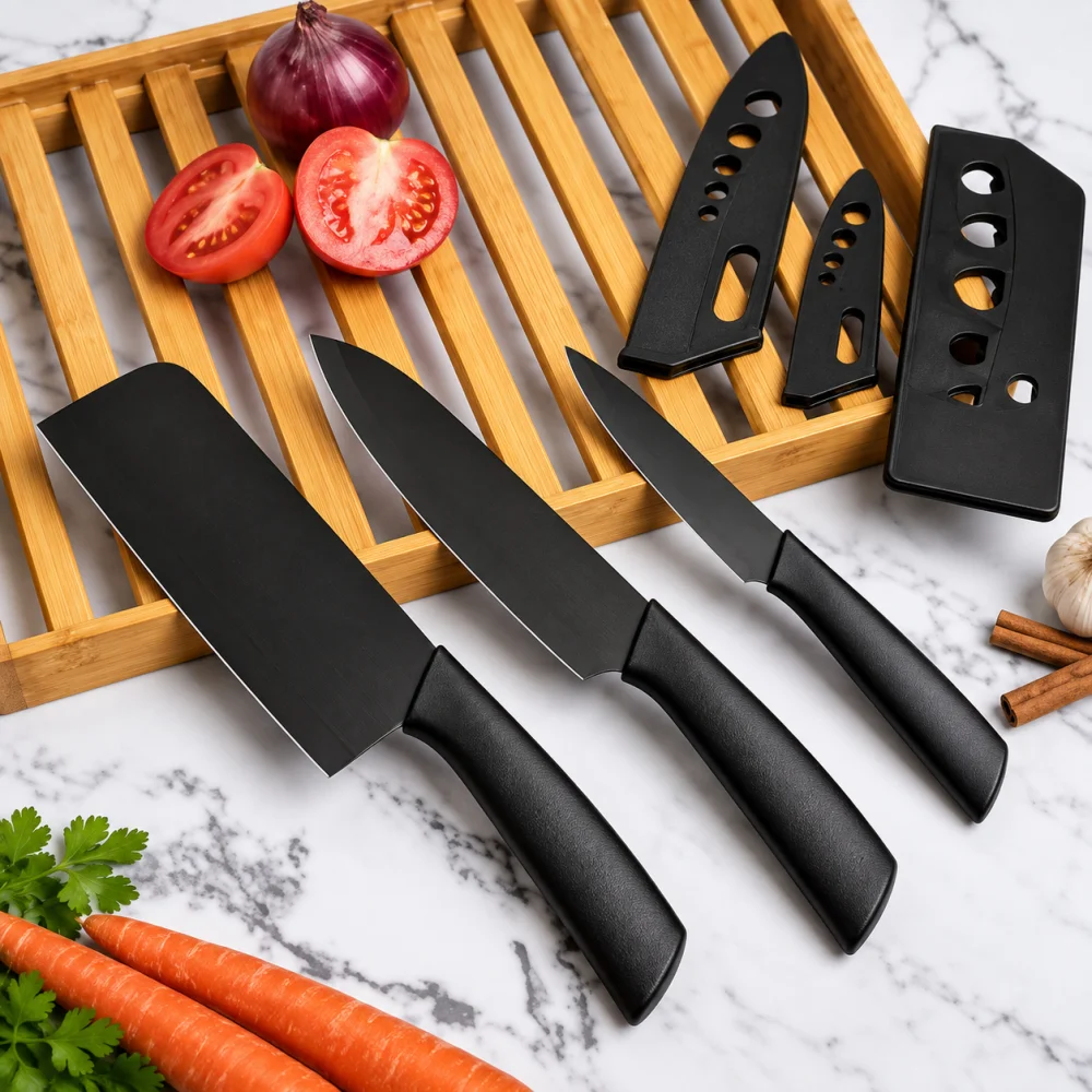 3 Pieces Knife for Kitchen use Stainless Steel Professional Kitchen Knife for Meat Chef Knife with Non-Slip Ergonomic Handle Sharp Manual Sharpening for Home Kitchen (Black)