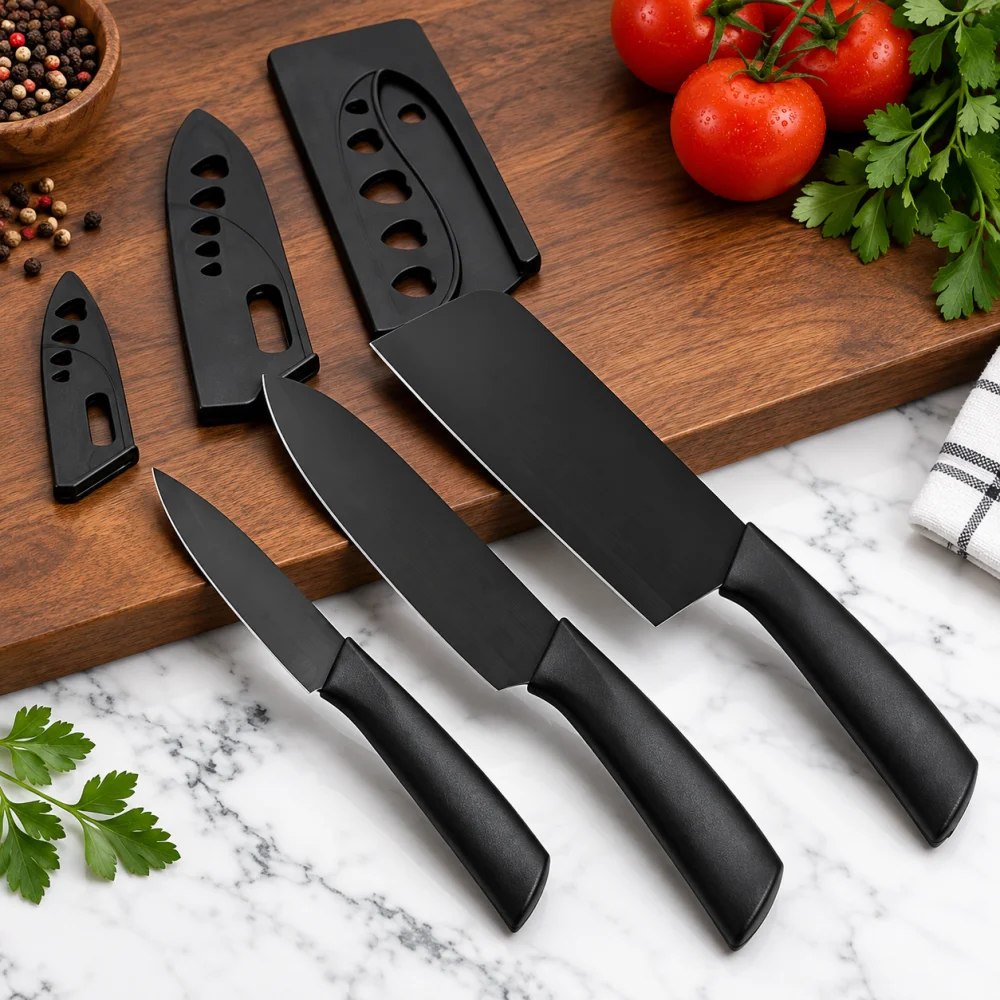 3 Pieces Knife for Kitchen use Stainless Steel Professional Kitchen Knife for Meat Chef Knife with Non-Slip Ergonomic Handle Sharp Manual Sharpening for Home Kitchen (Black)