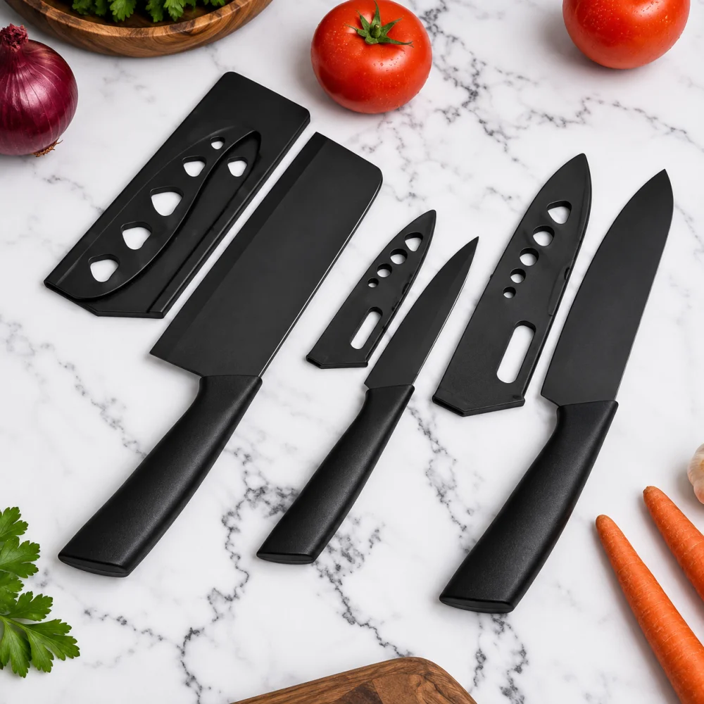 3-Piece Stainless Steel Kitchen Knife Set – Professional Chef & Meat Knives with Non-Slip Ergonomic Black Handles