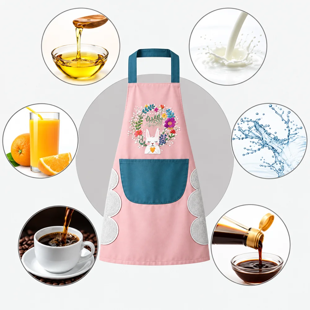 New Design Waterproof Kitchen Apron for Men & Women, Cooking Apron with Front Pocket, Cute Bunny Floral Print PVC Apron, Adjustable Kitchen Wear with Hand Wipe Towel, Baking Apron, Gardening Apron, BBQ Apron, Food Preparation Protective Apron