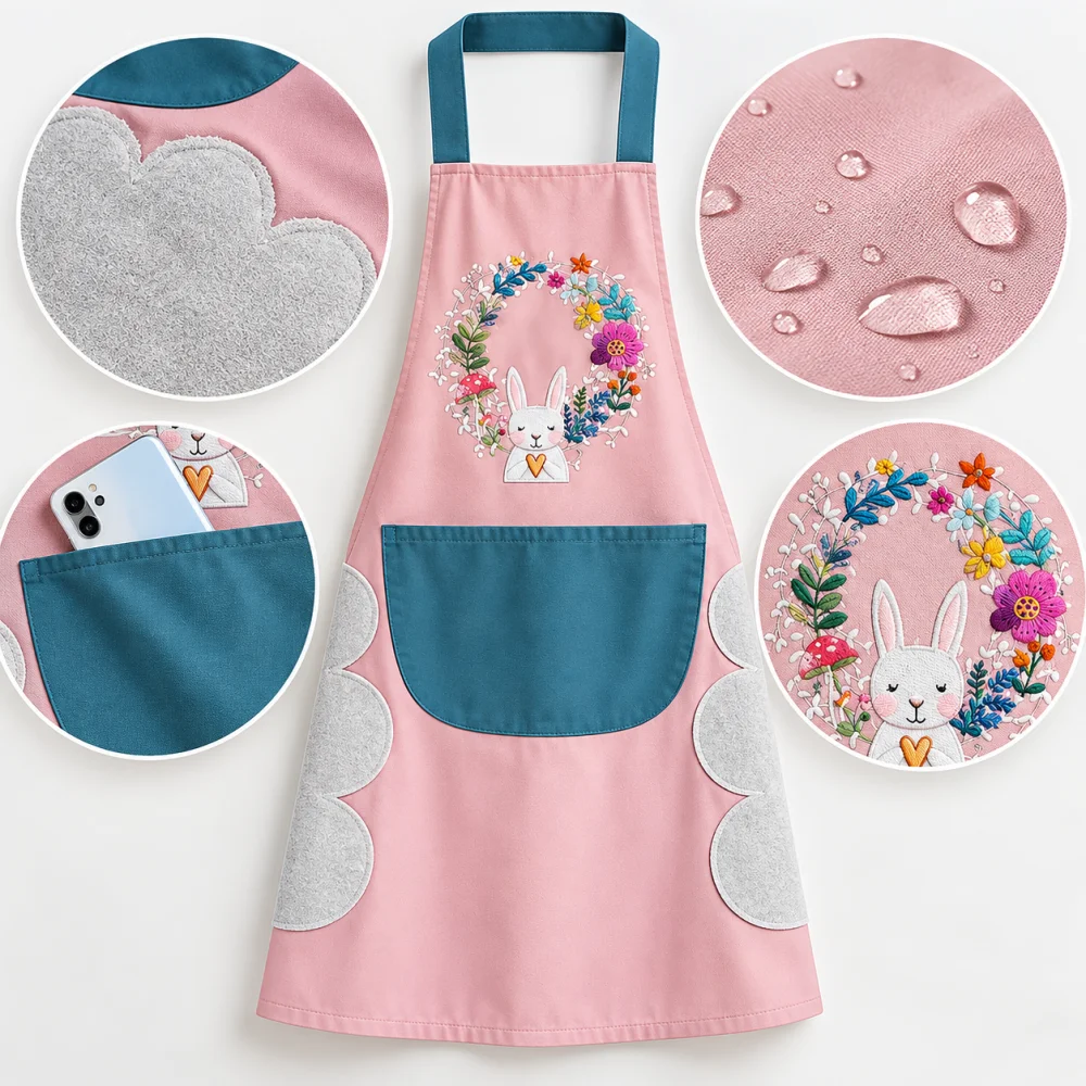 New Design Waterproof Kitchen Apron for Men & Women, Cooking Apron with Front Pocket, Cute Bunny Floral Print PVC Apron, Adjustable Kitchen Wear with Hand Wipe Towel, Baking Apron, Gardening Apron, BBQ Apron, Food Preparation Protective Apron