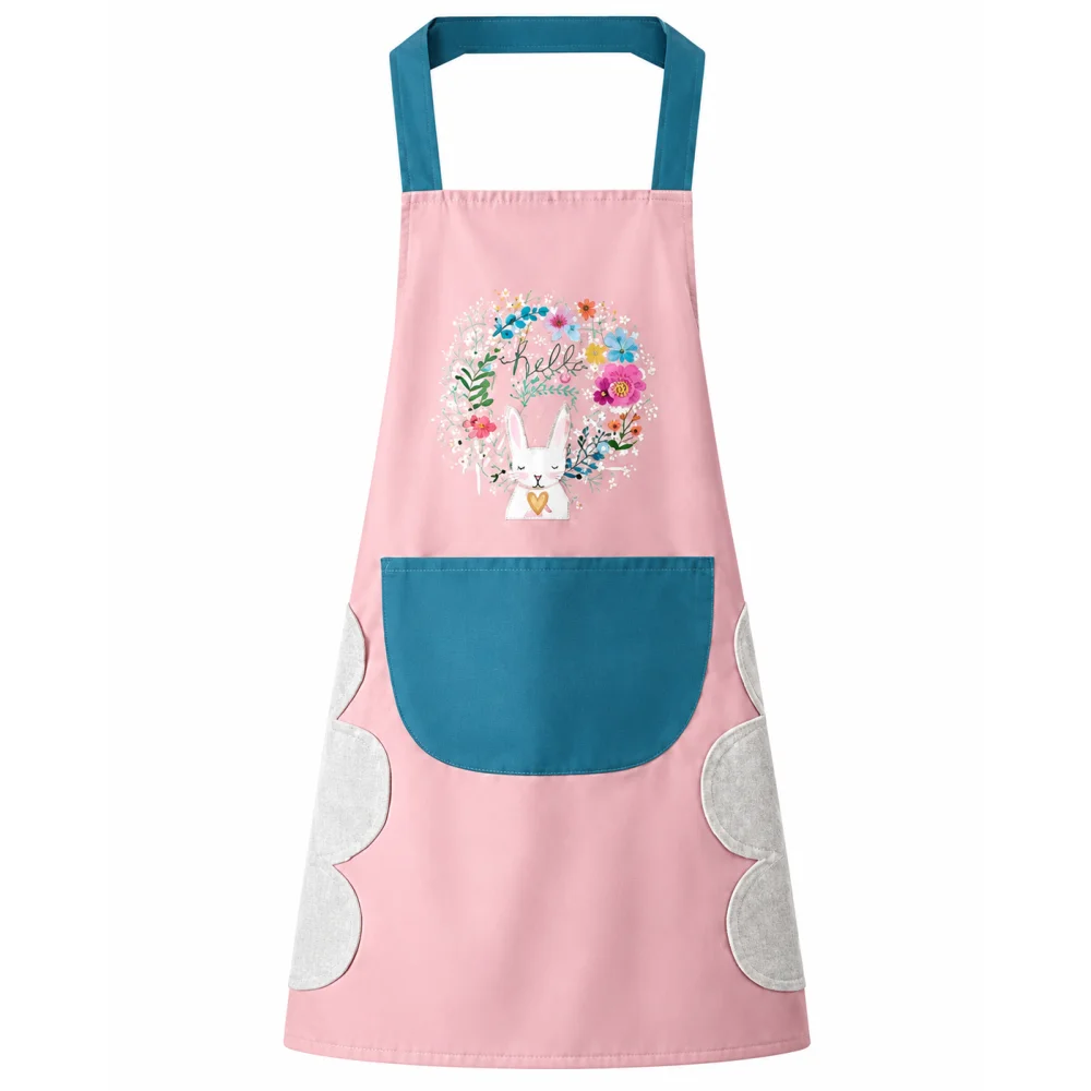 New Design Waterproof Kitchen Apron for Men & Women, Cooking Apron with Front Pocket, Cute Bunny Floral Print PVC Apron, Adjustable Kitchen Wear with Hand Wipe Towel, Baking Apron, Gardening Apron, BBQ Apron, Food Preparation Protective Apron