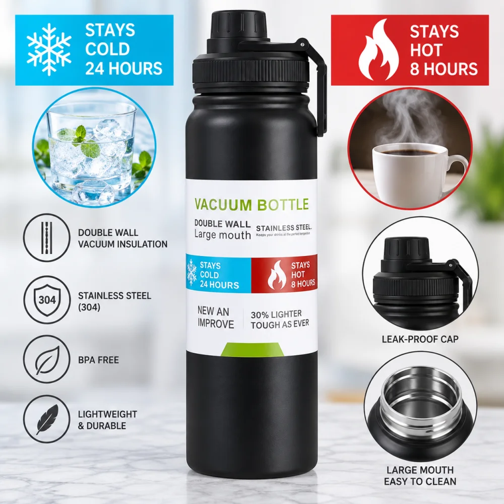 Insulated Stainless Steel Water Bottle with Leakproof Lid, Double Wall Vacuum Flask, Keeps Cold 24 Hrs & Hot 12 Hrs, BPA-Free Wide Mouth Sports & Travel Water Bottle, Reusable Water Bottle for Gym, Office, School, Home & Outdoor Use