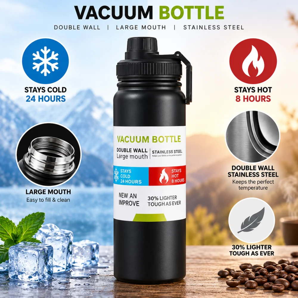 Insulated Stainless Steel Water Bottle with Leakproof Lid, Double Wall Vacuum Flask, Keeps Cold 24 Hrs & Hot 12 Hrs, BPA-Free Wide Mouth Sports & Travel Water Bottle, Reusable Water Bottle for Gym, Office, School, Home & Outdoor Use