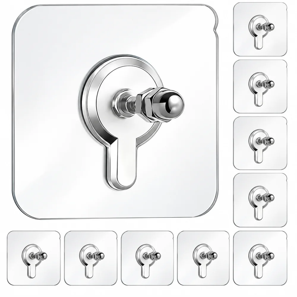Pack Of 10 Nail Free Wall Hook Screw Adhesive Non-Trace No Drilling for Bathroom Shower Kitchen Installation Hanging, Waterproof Transparent Screws Hook