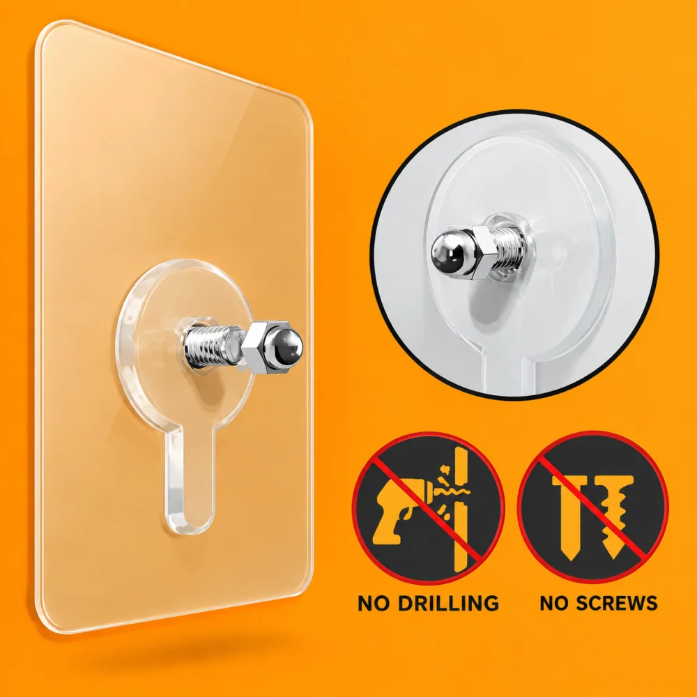 Pack Of 10 Nail Free Wall Hook Screw Adhesive Non-Trace No Drilling for Bathroom Shower Kitchen Installation Hanging, Waterproof Transparent Screws Hook