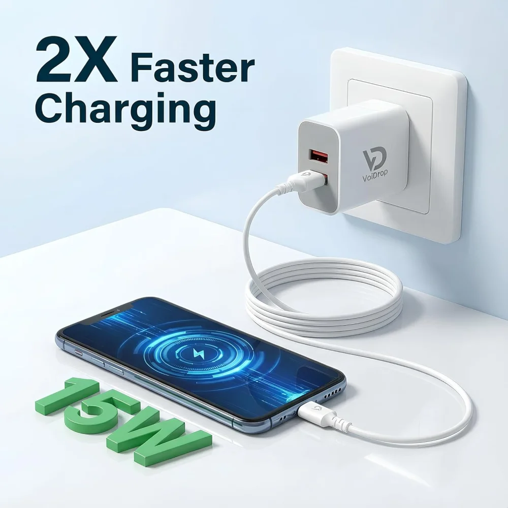 Voidrop 15W Dual USB Charger Adapter with Type C Charging Cable