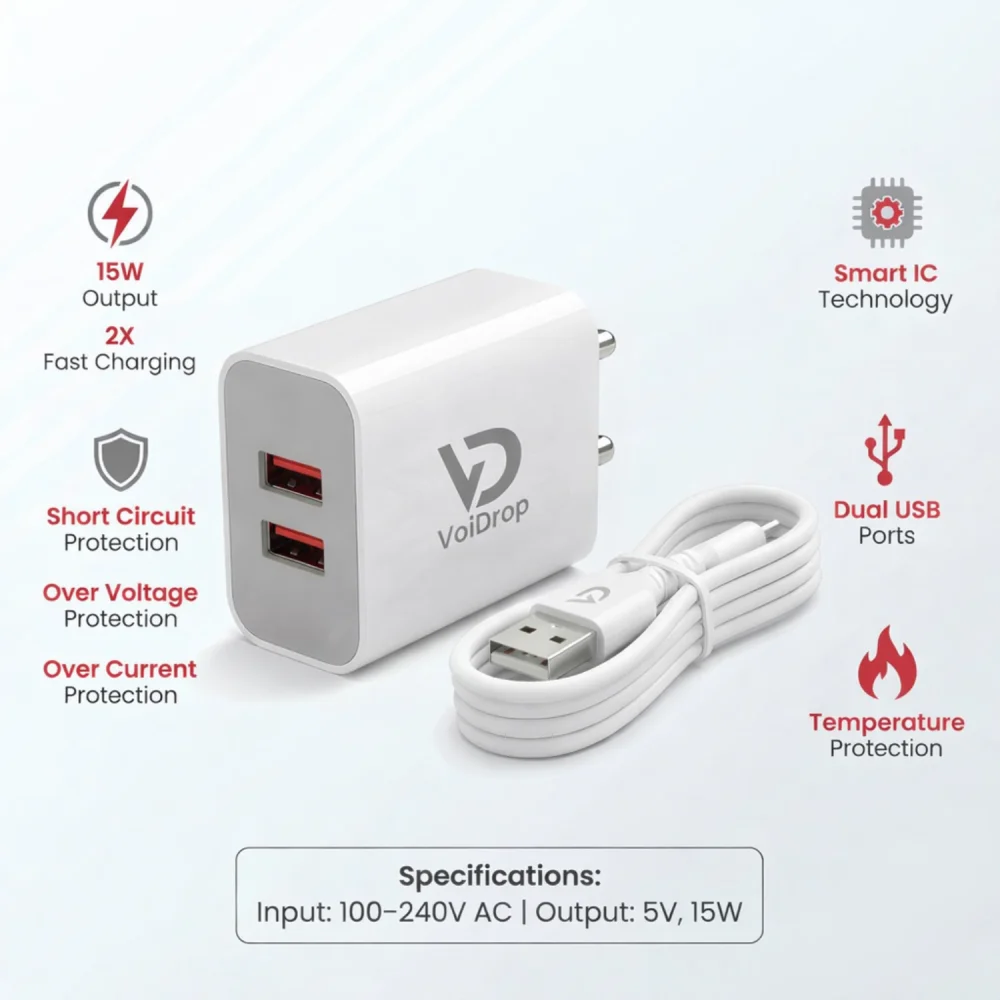 Voidrop 15W Dual USB Charger Adapter with Type C Charging Cable