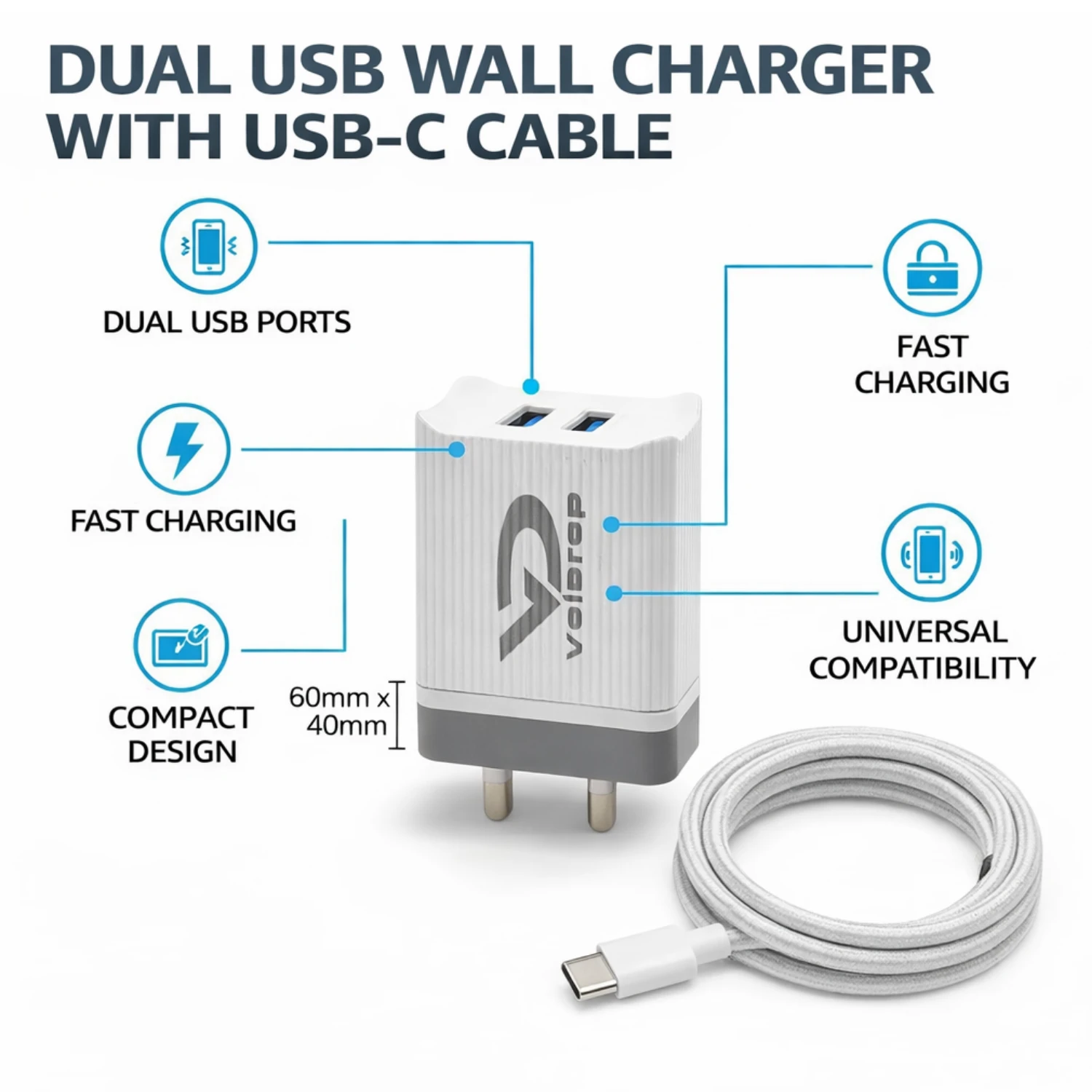 Voidrop 3.1 Dual USB Charger Adapter with Type C Charging Cable