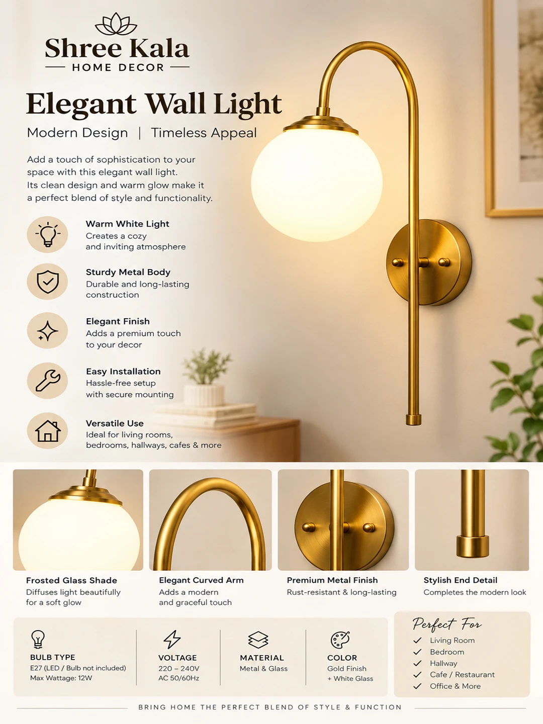 Wall Light Gold Finish with Globe Milky White Glass | SKE-140012_GFGMWG