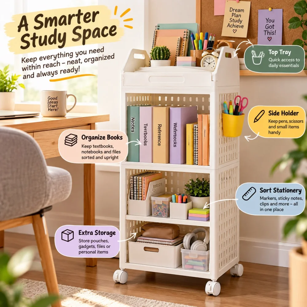 Kitchen Storage Rack with Wheels, 3 Tier Multipurpose Organizer Trolley with Side Baskets, Plastic Storage Shelf for Pantry, Grocery & Home, White