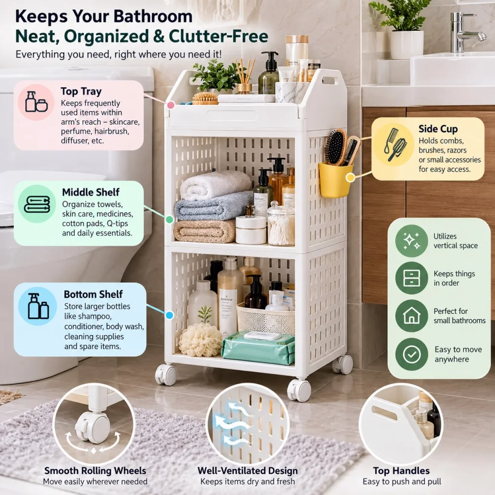 Kitchen Storage Rack with Wheels, 3 Tier Multipurpose Organizer Trolley with Side Baskets, Plastic Storage Shelf for Pantry, Grocery & Home, White