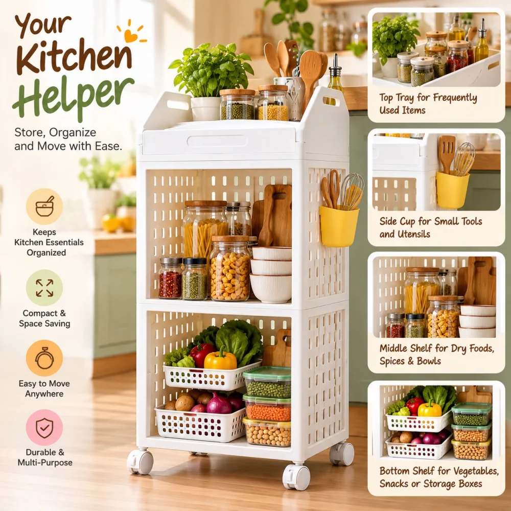 Kitchen Storage Rack with Wheels, 3 Tier Multipurpose Organizer Trolley with Side Baskets, Plastic Storage Shelf for Pantry, Grocery & Home, White
