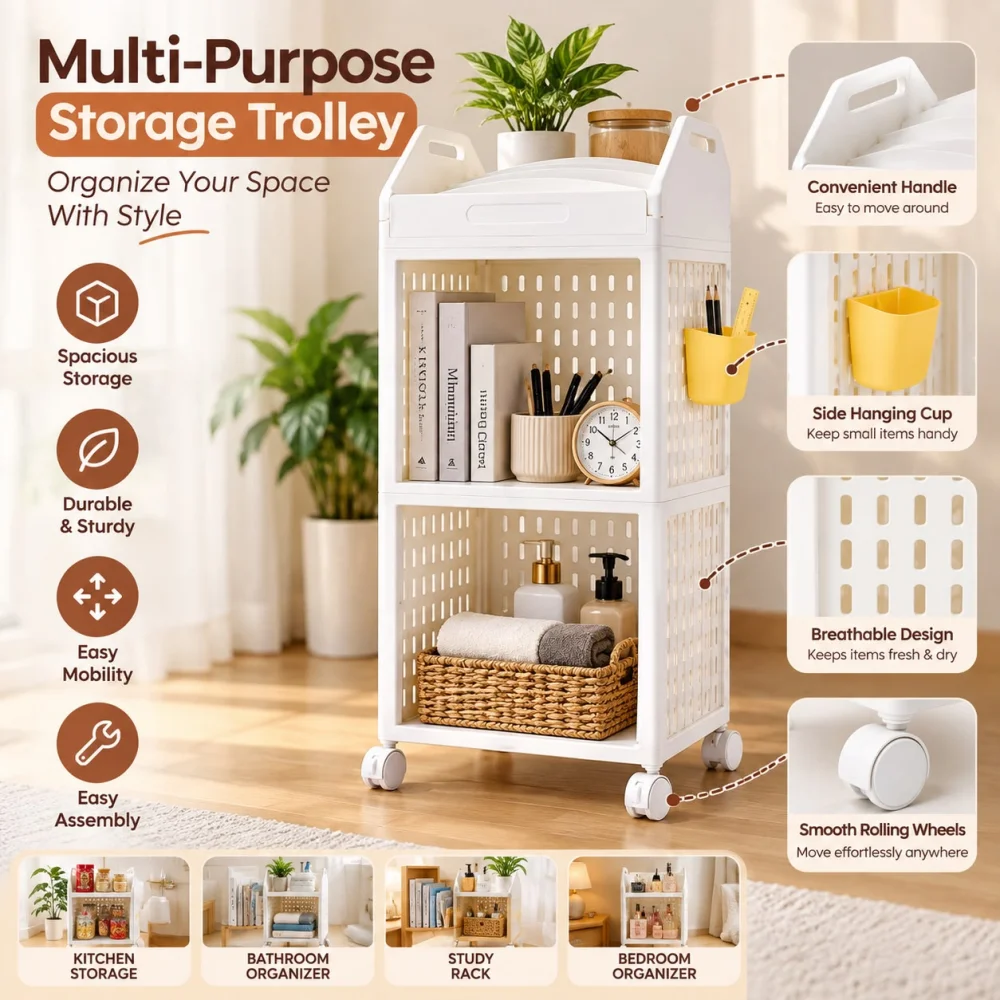 Kitchen Storage Rack with Wheels, 3 Tier Multipurpose Organizer Trolley with Side Baskets, Plastic Storage Shelf for Pantry, Grocery & Home, White
