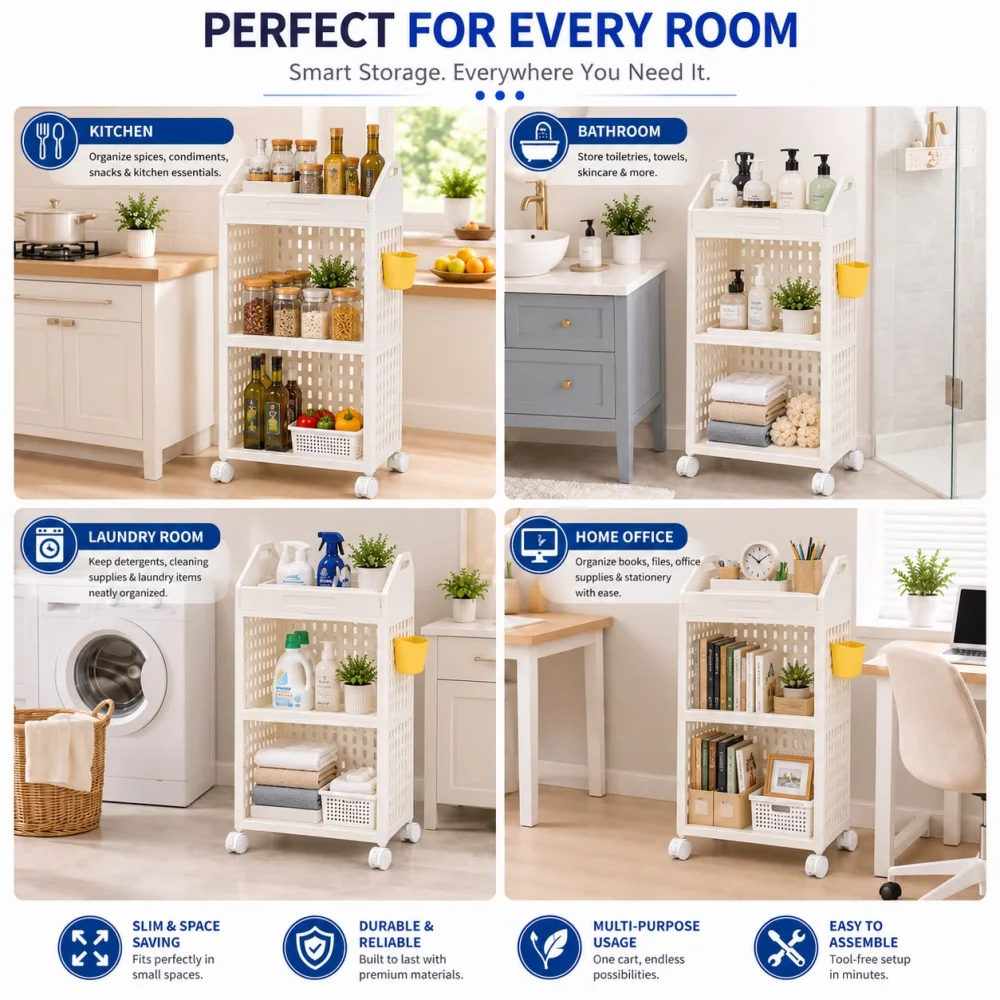 Kitchen Storage Rack with Wheels, 3 Tier Multipurpose Organizer Trolley with Side Baskets, Plastic Storage Shelf for Pantry, Grocery & Home, White
