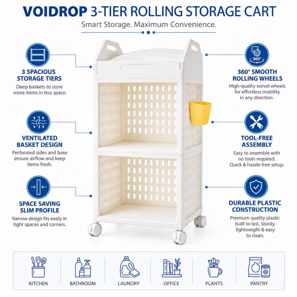 Kitchen Storage Rack with Wheels, 3 Tier Multipurpose Organizer Trolley with Side Baskets, Plastic Storage Shelf for Pantry, Grocery & Home, White
