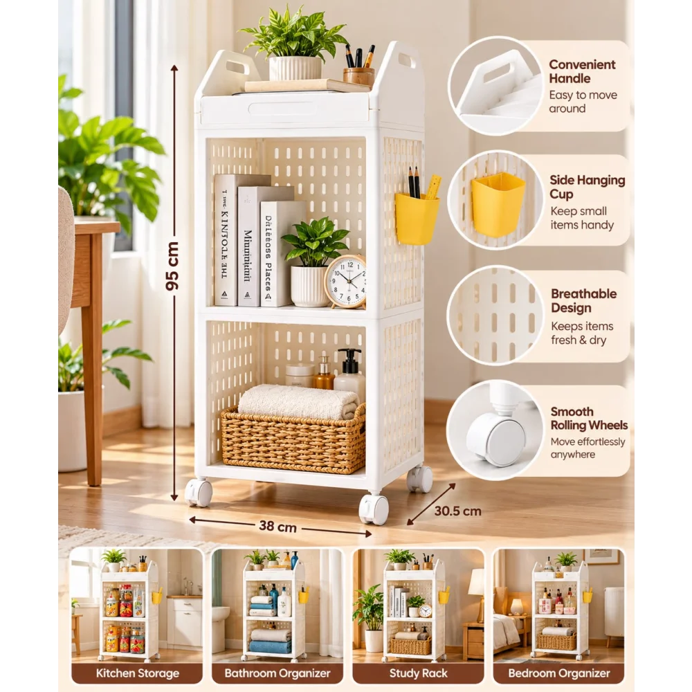 Kitchen Storage Rack with Wheels, 3 Tier Multipurpose Organizer Trolley with Side Baskets, Plastic Storage Shelf for Pantry, Grocery & Home, White