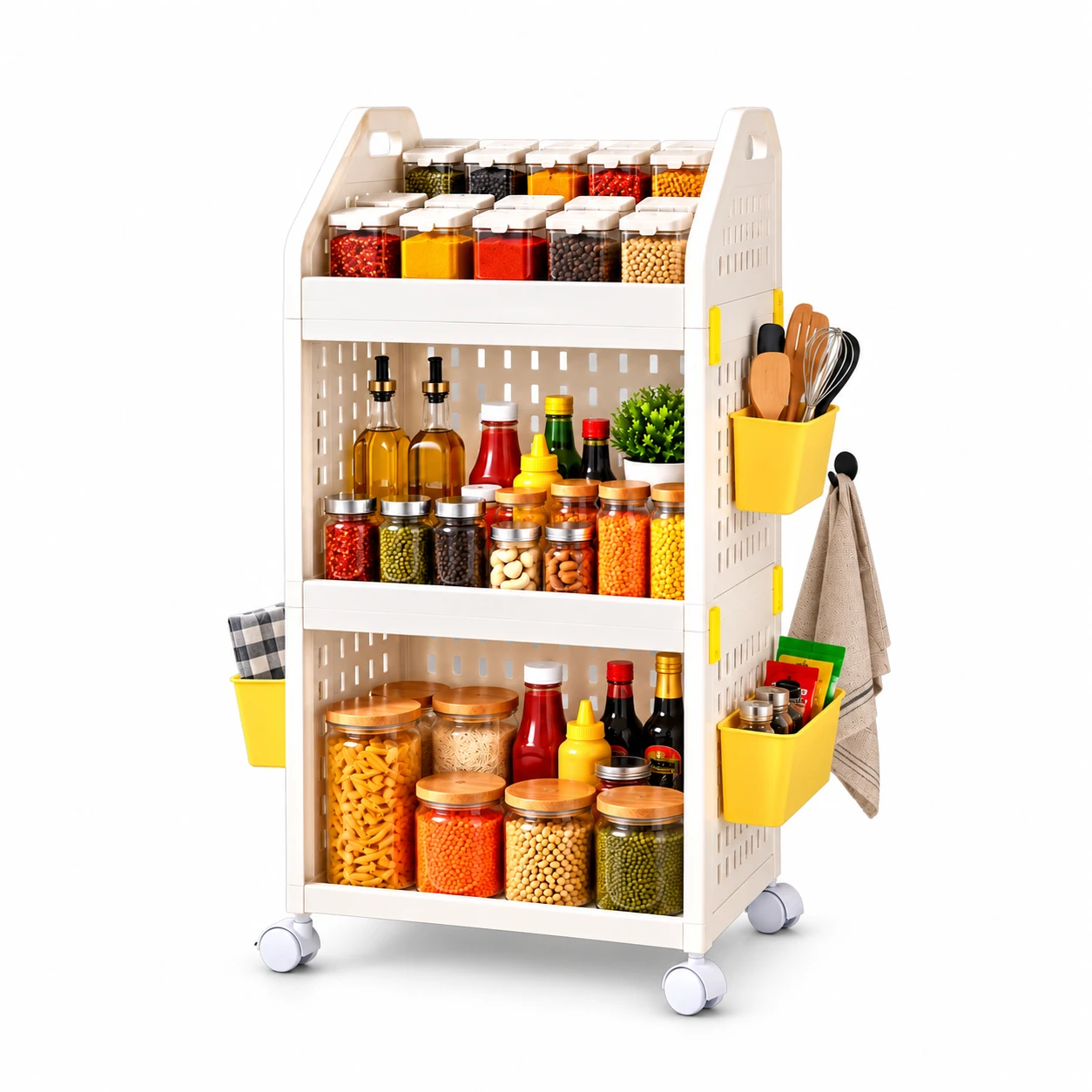 Kitchen Storage Rack with Wheels, 3 Tier Multipurpose Organizer Trolley with Side Baskets, Plastic Storage Shelf for Pantry, Grocery & Home, White
