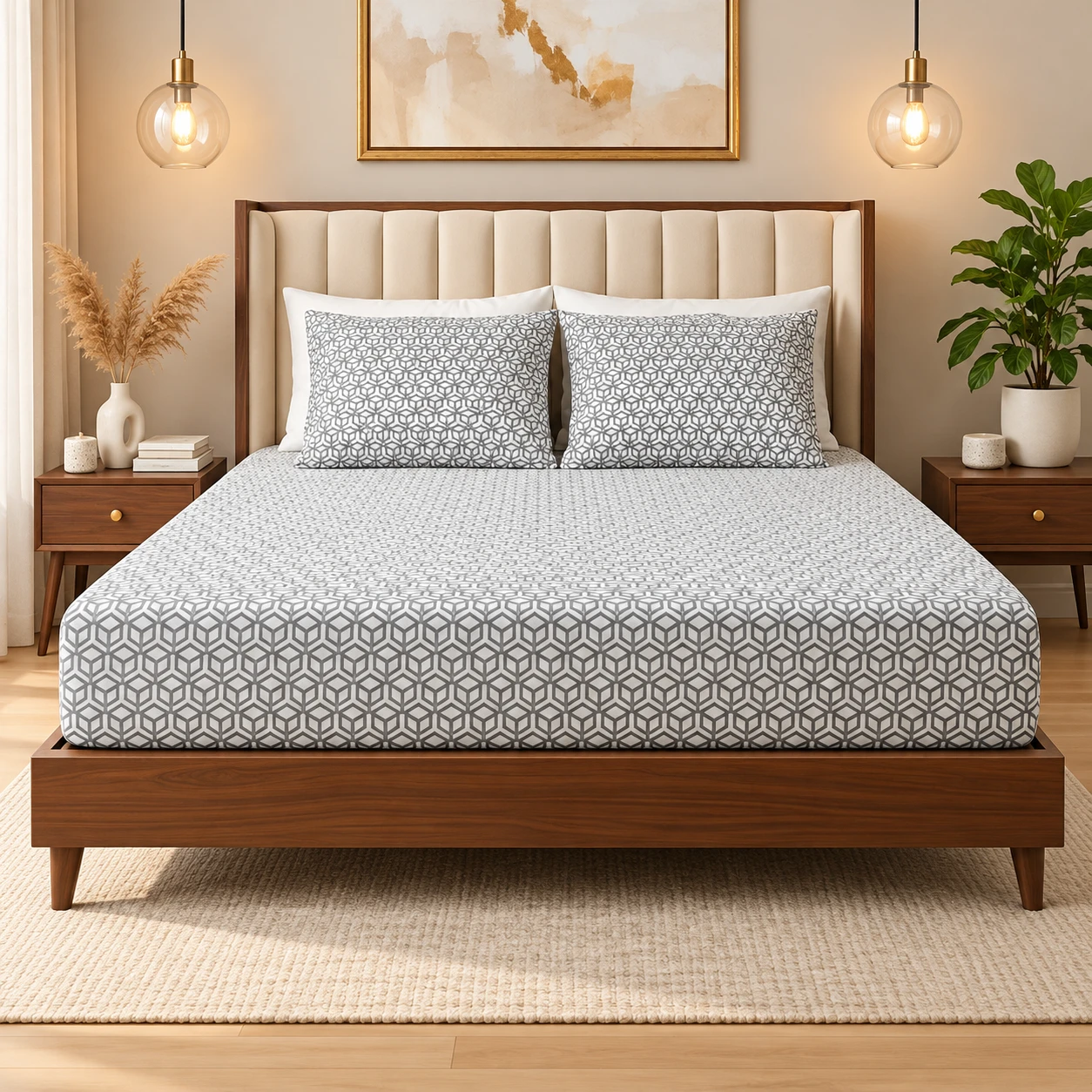 RADECOR Premium Polycotton Cube White Bedsheet with 2 Pillow Covers | Soft & Breathable Fabric | Machine Washable | King Size | Ideal for Daily Use