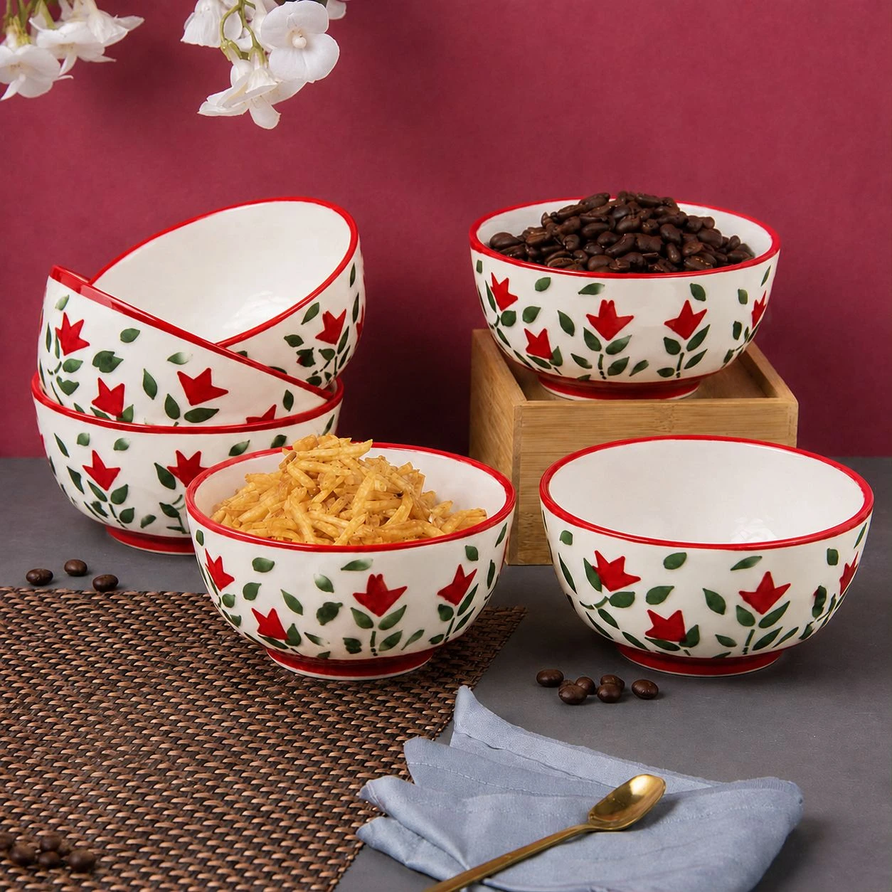 VOIDROP Floral Print Red Ceramic Bowl Set of 6, 180ML Microwave & Dishwasher Safe Katori for Serving Snacks, Dal, Rice, Dessert | Perfect for Gifting and Daily Use