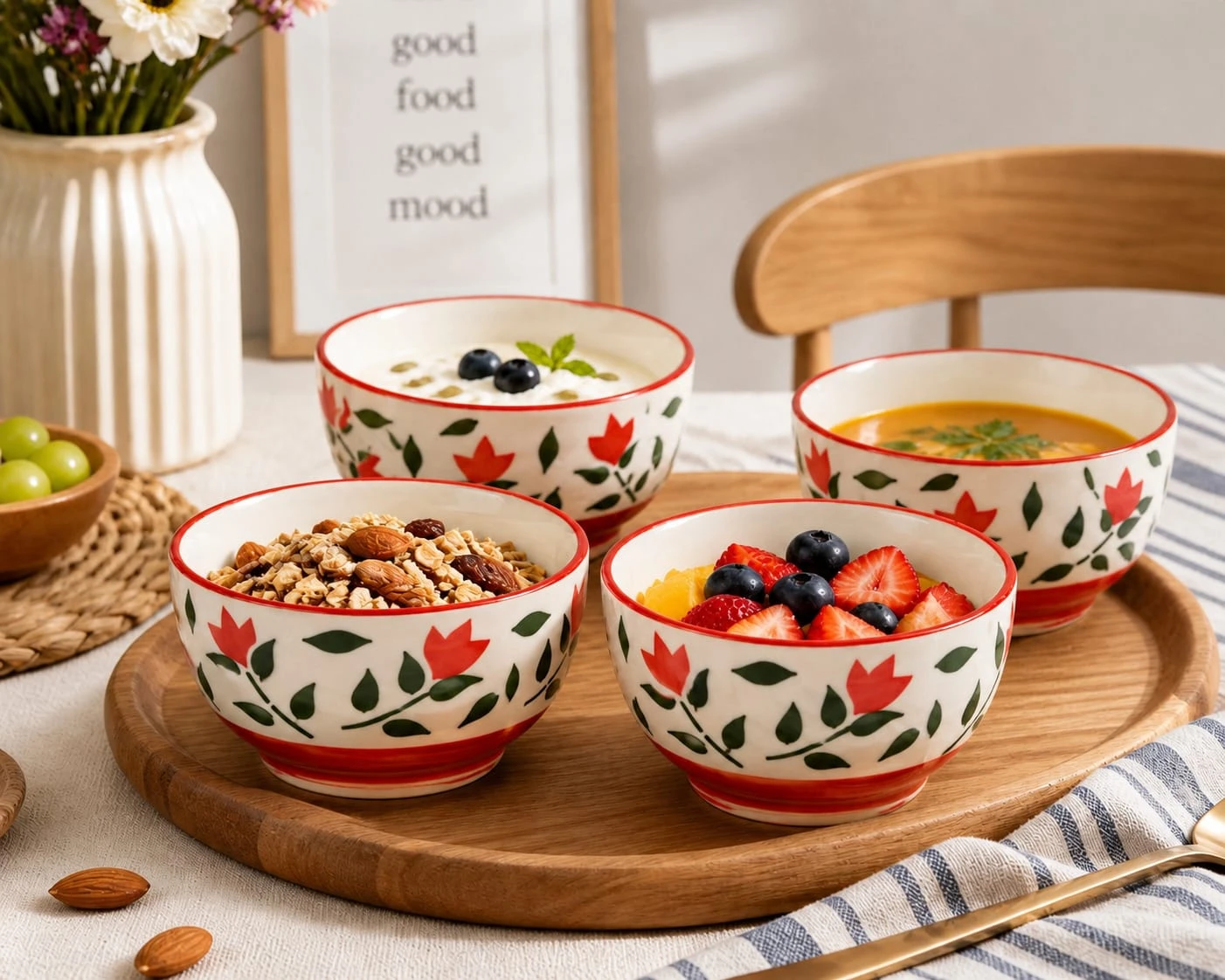 VOIDROP Floral Print Red Ceramic Bowl Set of 4, 180ML Microwave & Dishwasher Safe Katori for Serving Snacks, Dal, Rice, Dessert | Perfect for Gifting and Daily Use