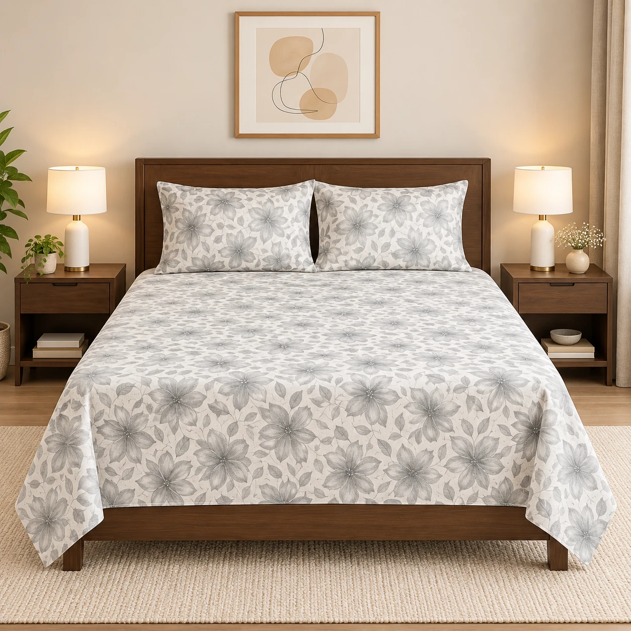 RADECOR Premium Polycotton Flower Grey Bedsheet with 2 Pillow Covers | Soft & Breathable Fabric | Machine Washable | King Size | Ideal for Daily Use
