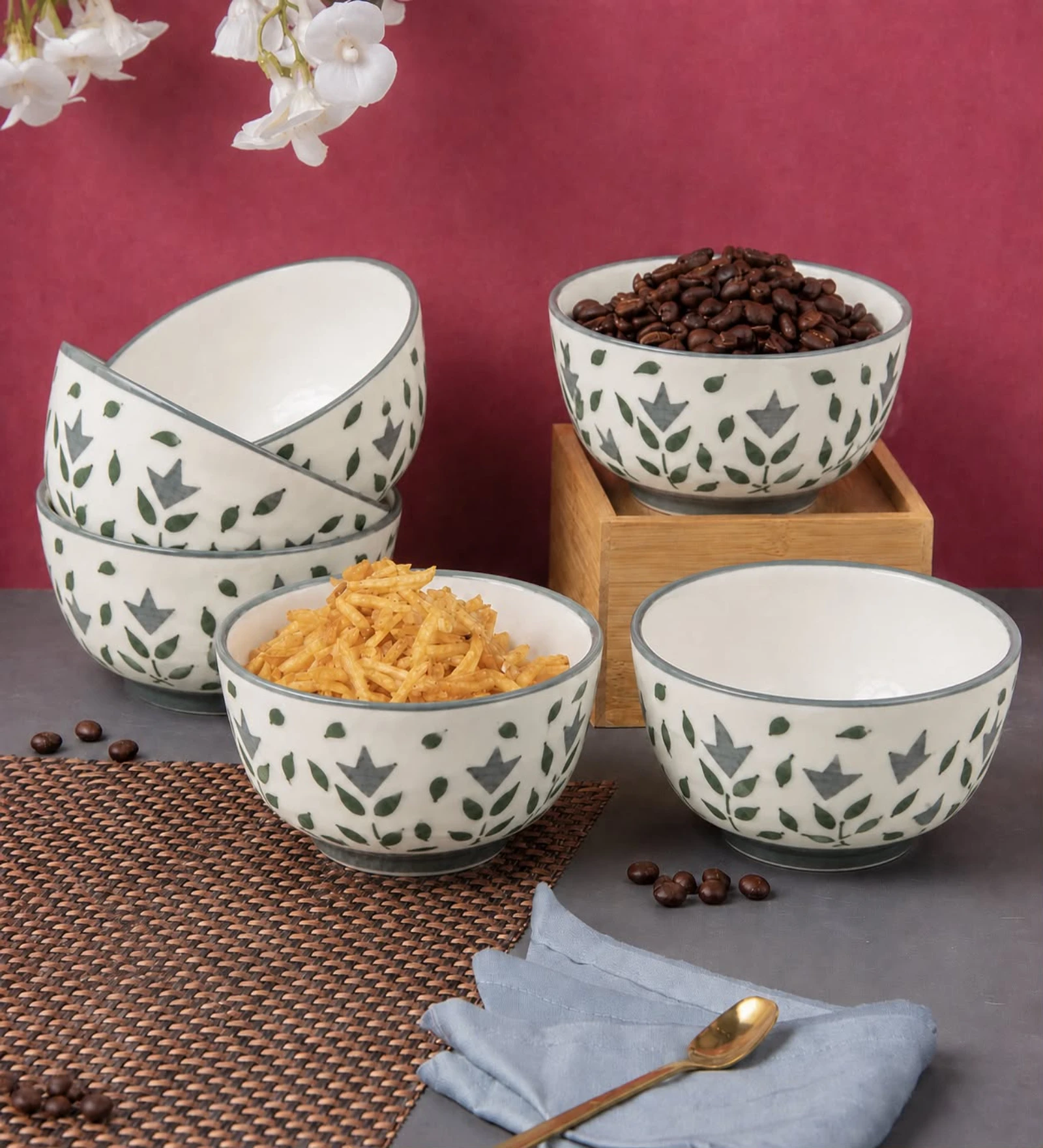VOIDROP Floral Print Grey Ceramic Bowl Set of 6, 180ML Microwave & Dishwasher Safe Katori for Serving Snacks, Dal, Rice, Dessert | Perfect for Gifting and Daily Use