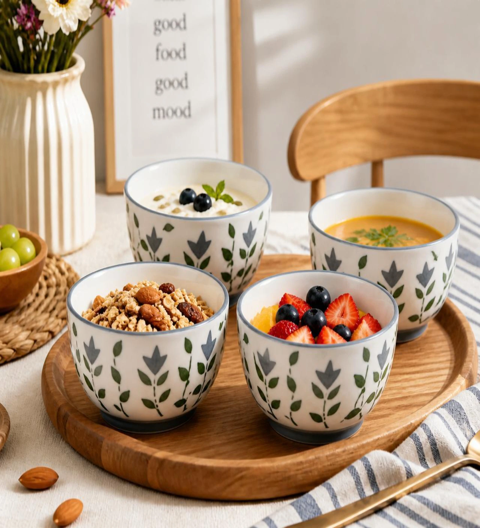 VOIDROP Floral Print Grey Ceramic Bowl Set of 4, 180ML Microwave & Dishwasher Safe Katori for Serving Snacks, Dal, Rice, Dessert | Perfect for Gifting and Daily Use
