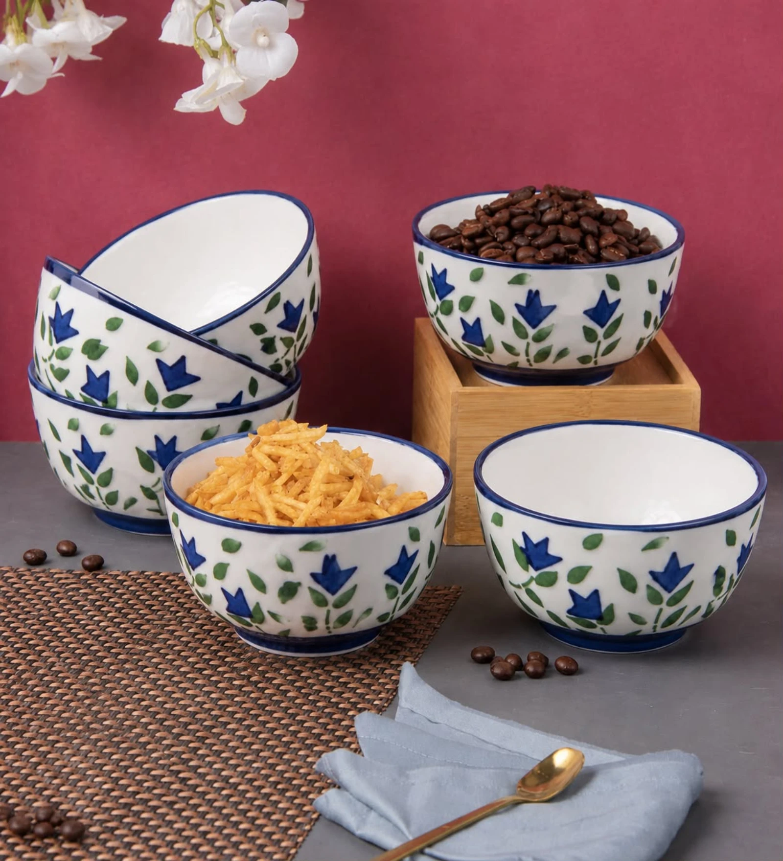 VOIDROP Floral Print Blue Ceramic Bowl Set of 6, 180ML Microwave & Dishwasher Safe Katori for Serving Snacks, Dal, Rice, Dessert | Perfect for Gifting and Daily Use