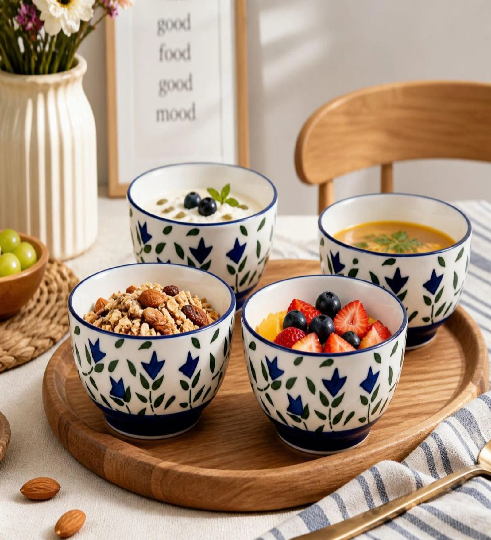 Floral Print Blue Ceramic Bowl Set