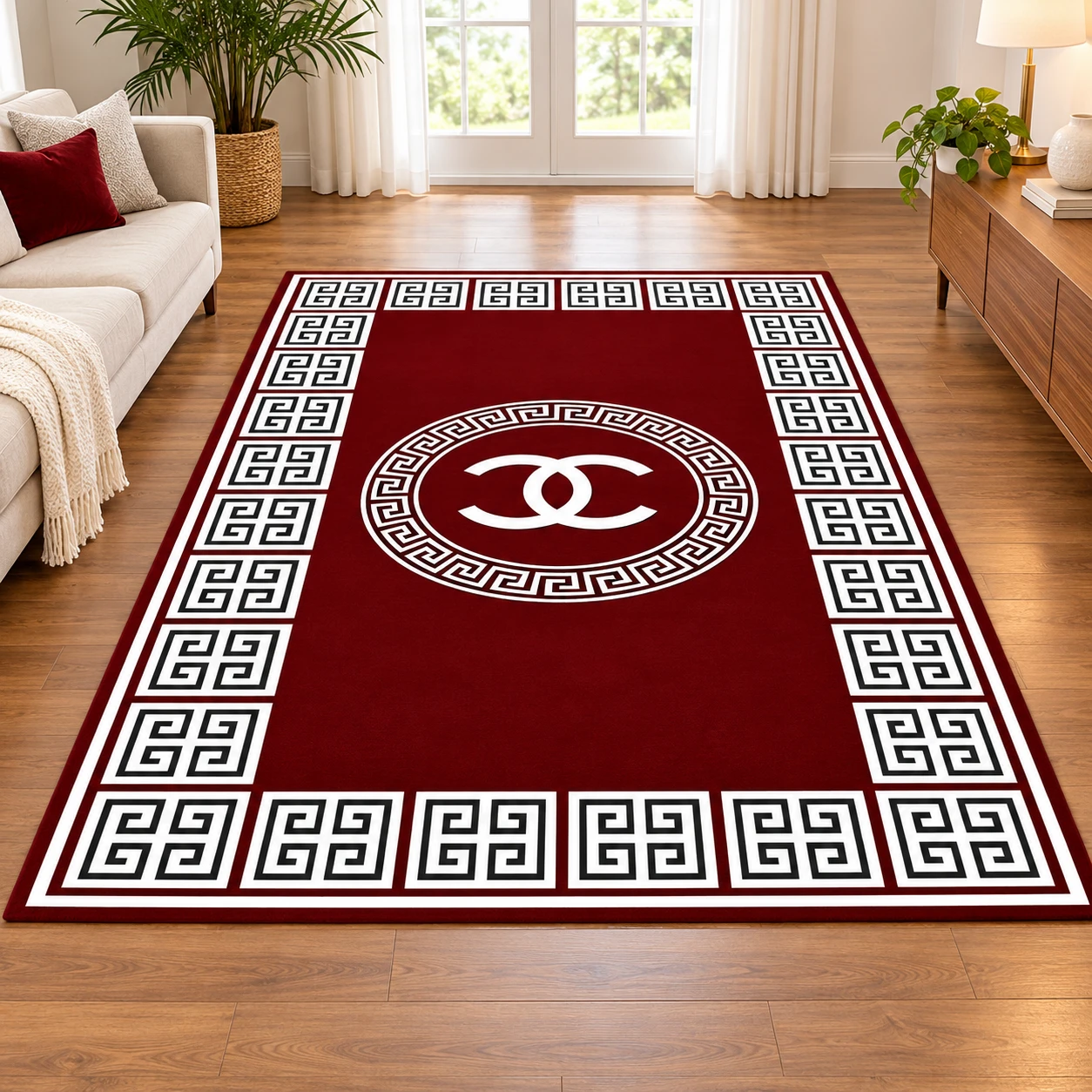 RADECOR Premium Velvet Design Chenille Carpet for Living Room | Soft Luxury Area Rug | Anti-Skid, Durable & Easy to Clean | Modern Designer Carpet for Home Décor/Maroon