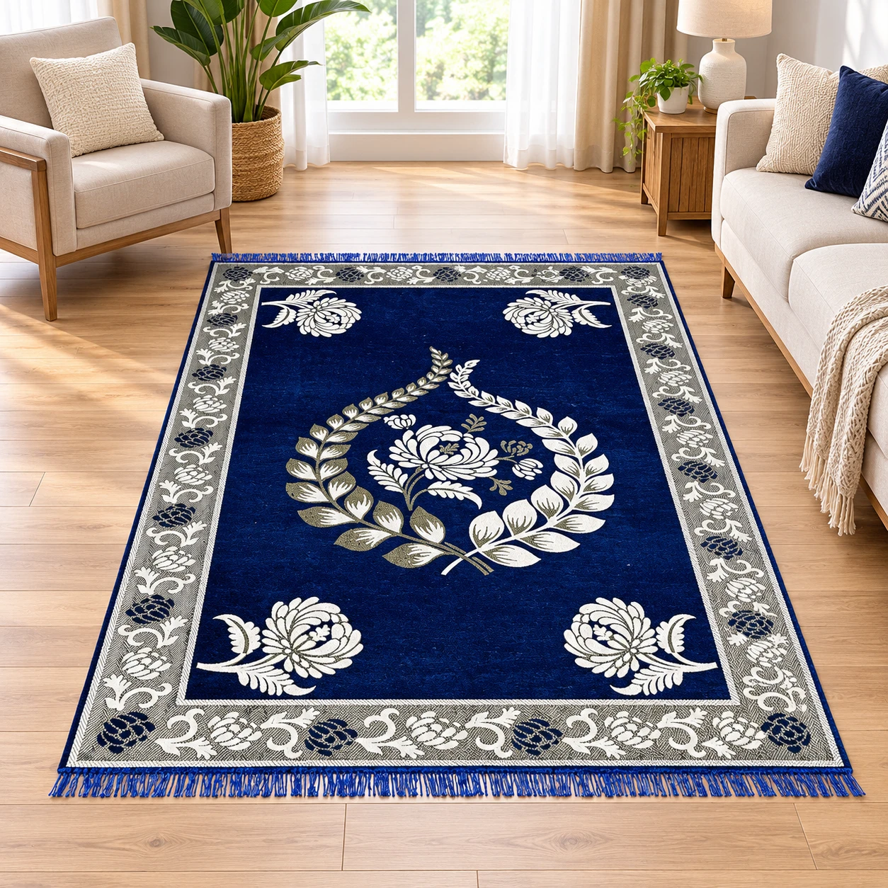RADECOR Floral Design Rectangular Chenille Carpet, Navy Blue, 5X7 Feet